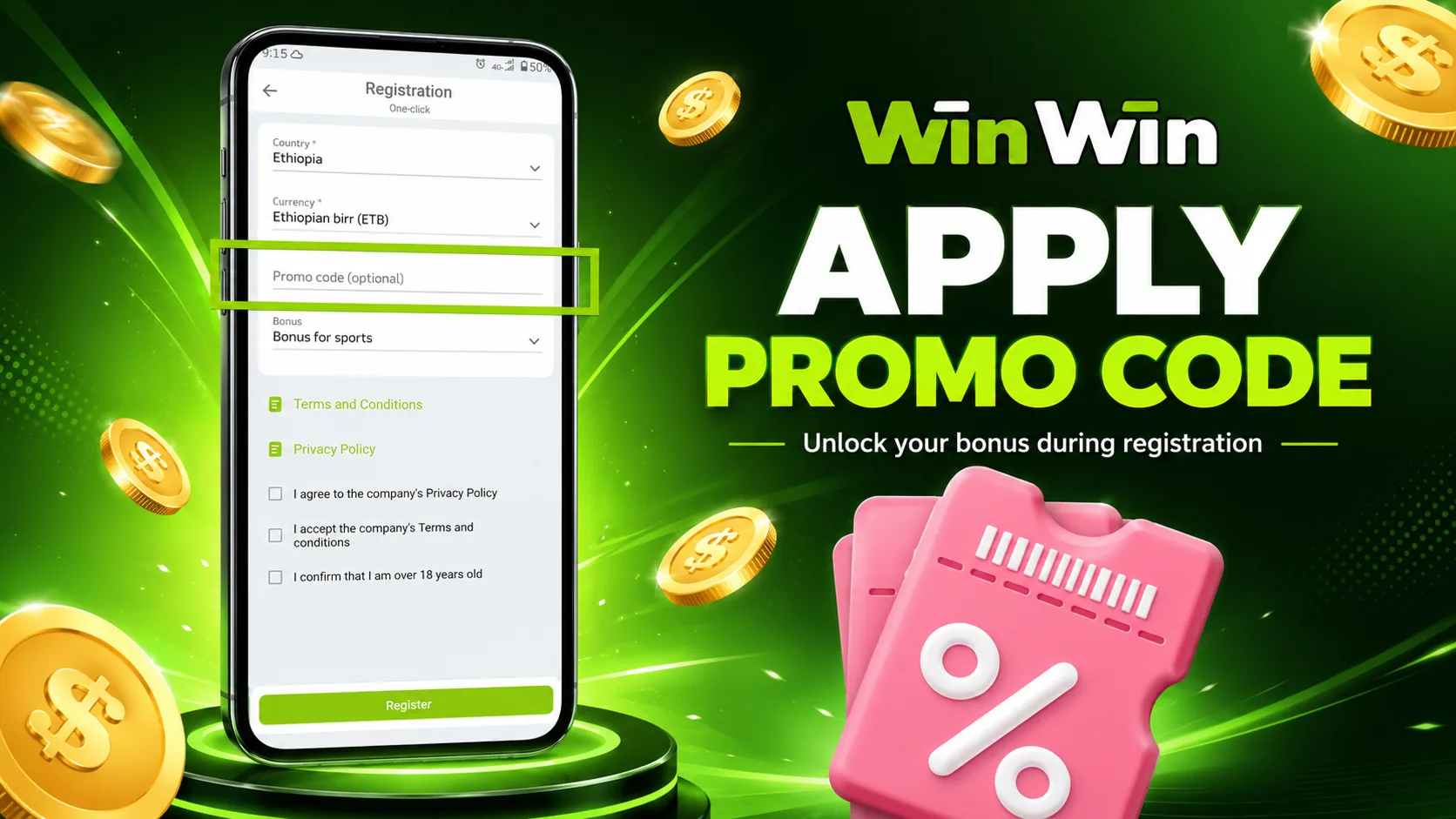 Winwinbet apply promo screen for bonus activation