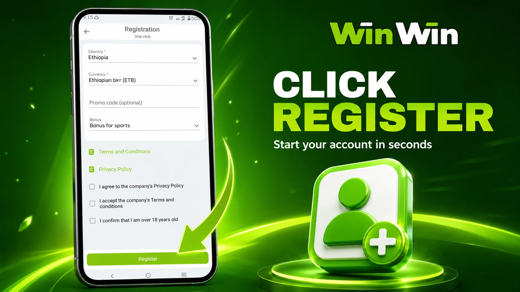 Winwinbet registration button and sign-up entry screen
