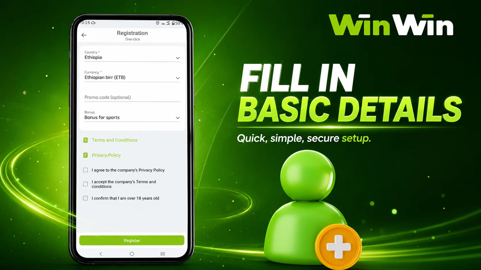 Winwinbet account details form during registration