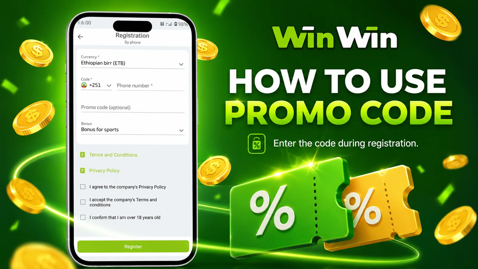 Winwinbet promotion rules screen with bonus conditions