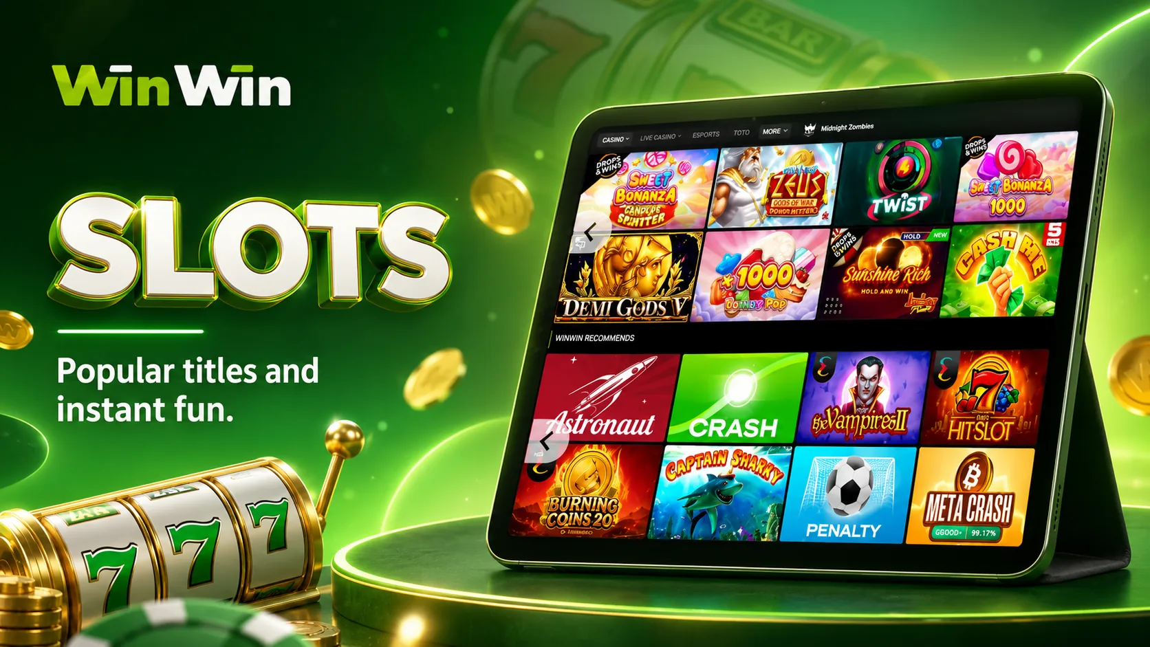 Winwinbet slots lobby screen with casino categories